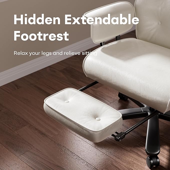 Reclining Office Chair with Footrest, Big and Tall Office Desk Chair 400lbs Wide Seat, Leather High Back Ergonomic Vintage Chair, Heavy Duty Executive Computer Chair, White