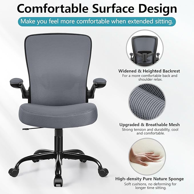 FelixKing Office Chair, Ergonomic Desk Chair Breathable Mesh Chairs Adjustable High Back Lumbar Support Flip-up Armrests, Executive Rolling Swivel Comfy Computer Chairs Home Office Dark Gray