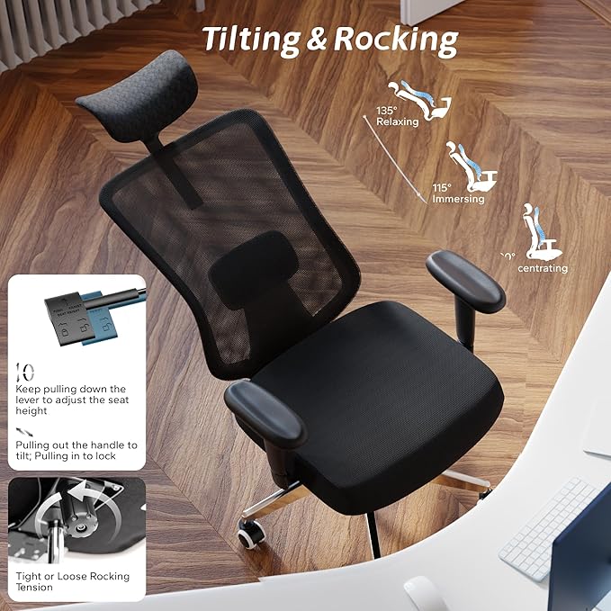 Ergonomic Office Chair, Mesh Desk Chair with Adjustable Headrest and 2D Armrest,Computer Chairs with Lumbar Support, Big and Tall Office Chair 400lbs, Large (01black)