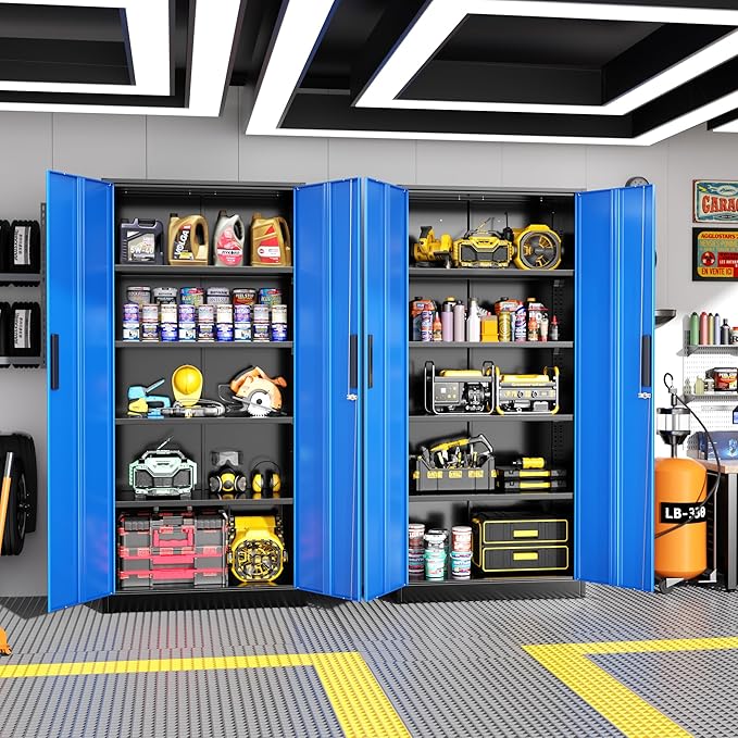 Greenvelly Metal Garage Storage Cabinet with Doors and Shelves, 72" Steel Lockable File Cabinet,Office Storage Cabinet Tall Metal Cabinet for Garage Office School Gym Warehouse(Black Blue)