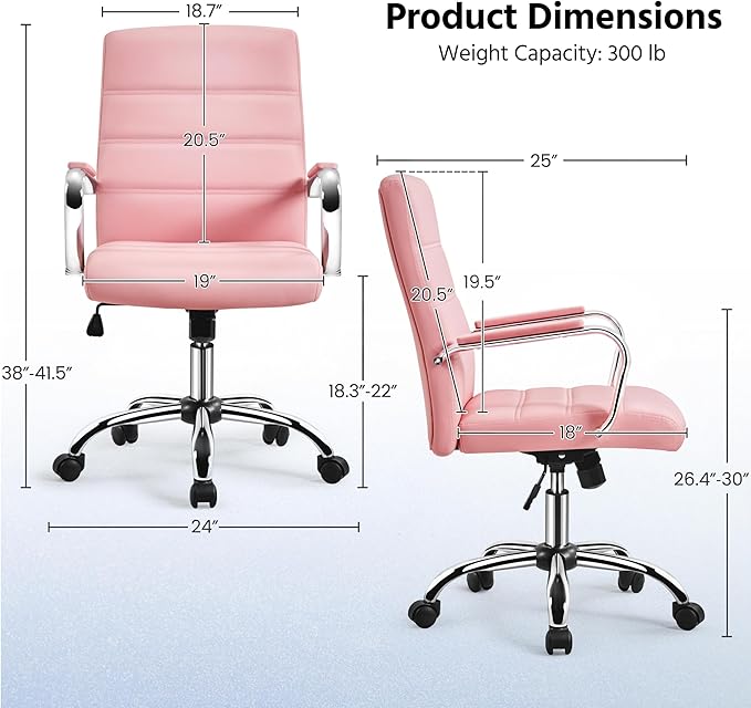 Yaheetech Mid-Back Office Chair with Arms Swivel PU Leather Height Adjustable Office Executive Chair, Pink