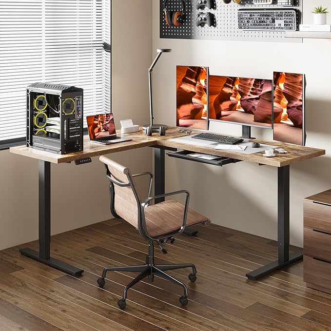 L-Shaped Standing Desk, 71 x 63 Inches Height Adjustable Desk with Storage, Sit and Stand up Desks Ergonomic Rising Computer Table for Home Office with Splice Board, Rustic Brown
