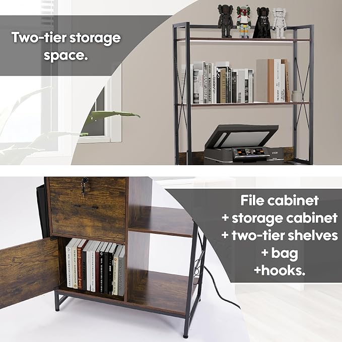 Vertical File Cabinet,Filing Cabinet with Shelves,Charging Station,Hanging Pouch and Hooks,Vertical Filing Cabinet Fits Letter/A4/Legal Size (Wood)