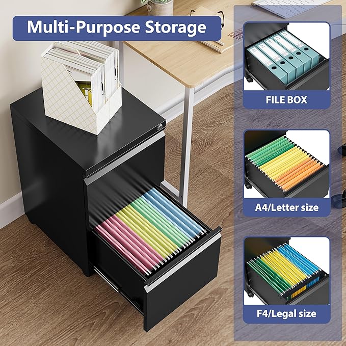 Rolling File Cabinet with Lock, 2 Drawer Metal Mobile Office Filing Cabinet Under Desk for Legal/Letter Size(Assembly Required)