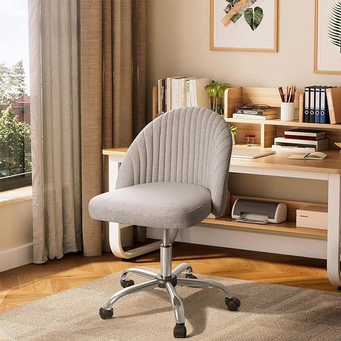 Furniwell Office Chair Armless Cute Desk Chair Modern Adjustable Swivel Padded Fabric Vanity Task Computer Chair Home Office Desk Chairs with Wheels (Grey)