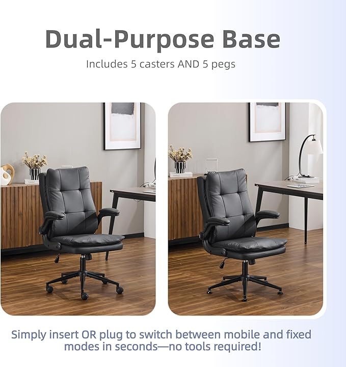 VINGLI Comfy Black Leather Office Desk Chair,Ergonomic High-Back Support Computer Gaming Chair with/No Wheels,Dual-Base,Adjustable Height,Flip-Up Arms,360° Swivel Rolling Task Chair for Home Office