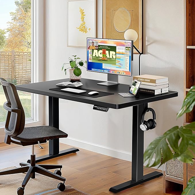 ErGear 40" x 24" Whole Piece Desktop Electric Standing Desk, Thick Height Adjustable Desk with 4 Height Memory, Home Office Computer Table with Cable Management Tray, Black