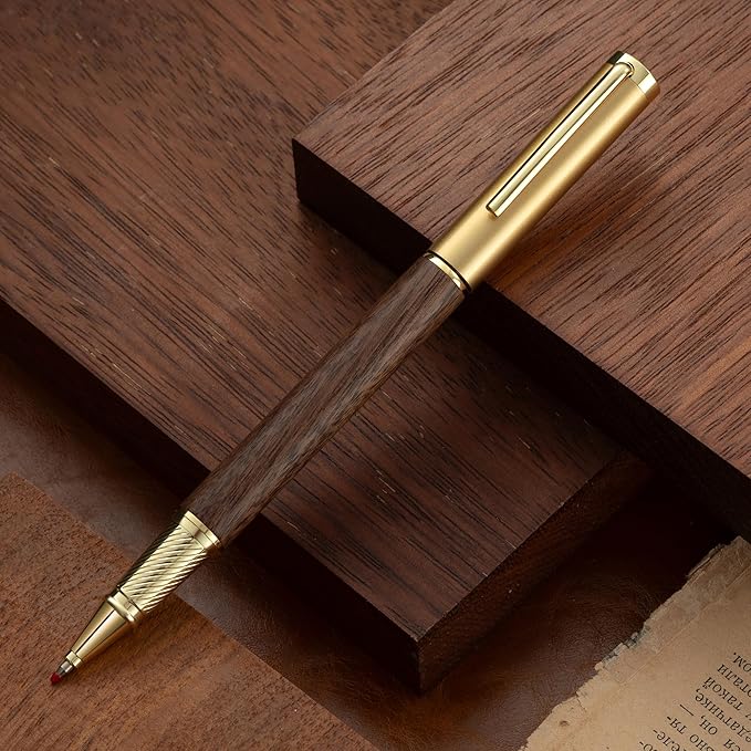 Luxury Wooden and Metal Rollerball Pen Set with Spare Gel Ink Refill,Rosewood,White Oak,Walnut Wood Signature Roller Ball Pen,Business Gift Set for Men and Women (Walnut Wood)
