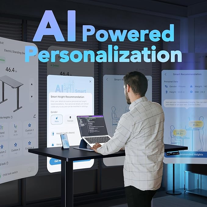 HUANUO One-Piece AI-Powered Electric Standing Desk, Smart APP, Work with Alexa & Google, Adjustable Height, 6 Memory Settings, Sedentary Reminder, Ergonomic Sit-Stand Desk, 32-inch, Black