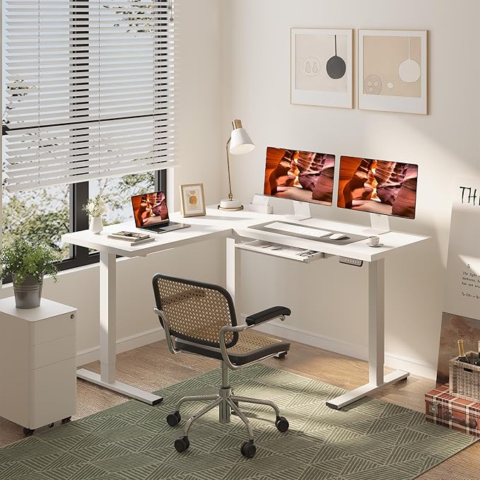 L-Shaped Standing Desk, 63 x 55 Inches Height Adjustable Desk with Storage, Sit and Stand up for Work Office Home, Ergonomic Rising Computer Table for Home Office with Splice Board, White