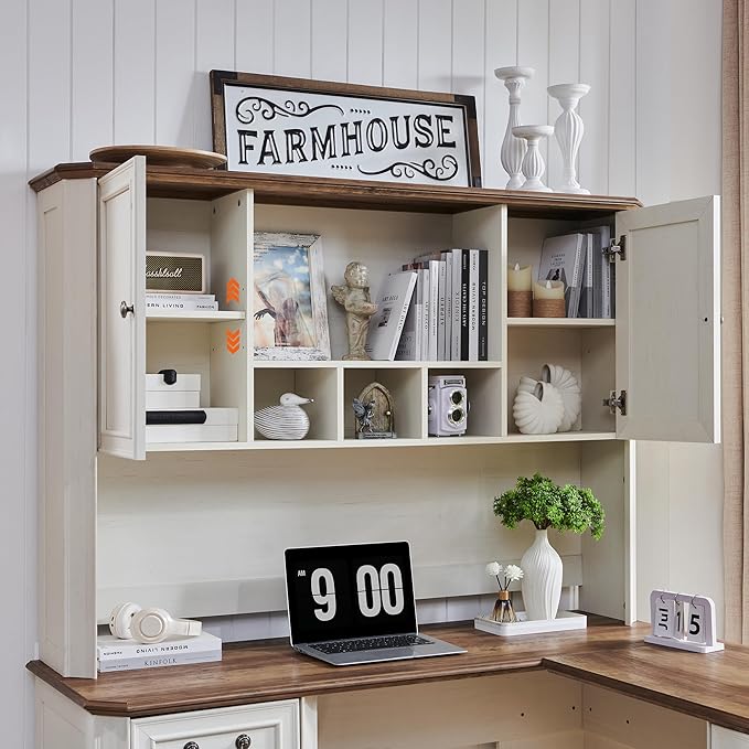 T4TREAM 59" L Shaped Desk with Hutch,Victorian Wood Computer Desk, Featuring Charging Station,File Drawer, Storage Cabinet,for Home Office Work and Study (Antique White)