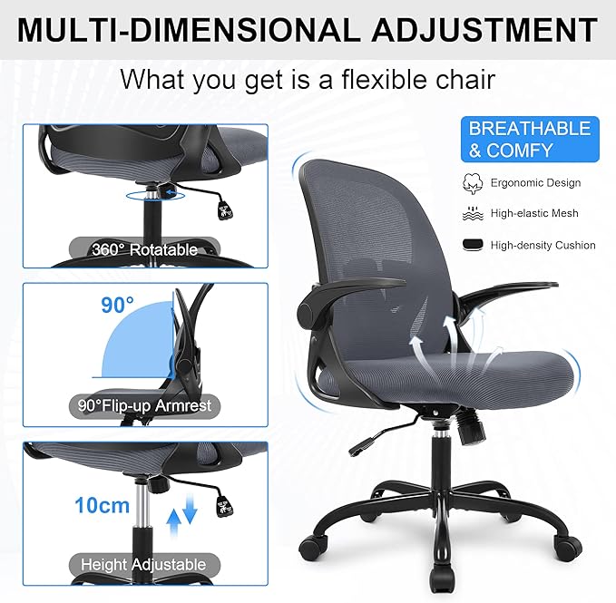 Primy Office Chair Ergonomic Desk Chair with Adjustable Lumbar Support and Height, Swivel Breathable Desk Mesh Computer Chair with Flip up Armrests for Conference Room(Dark Gray)