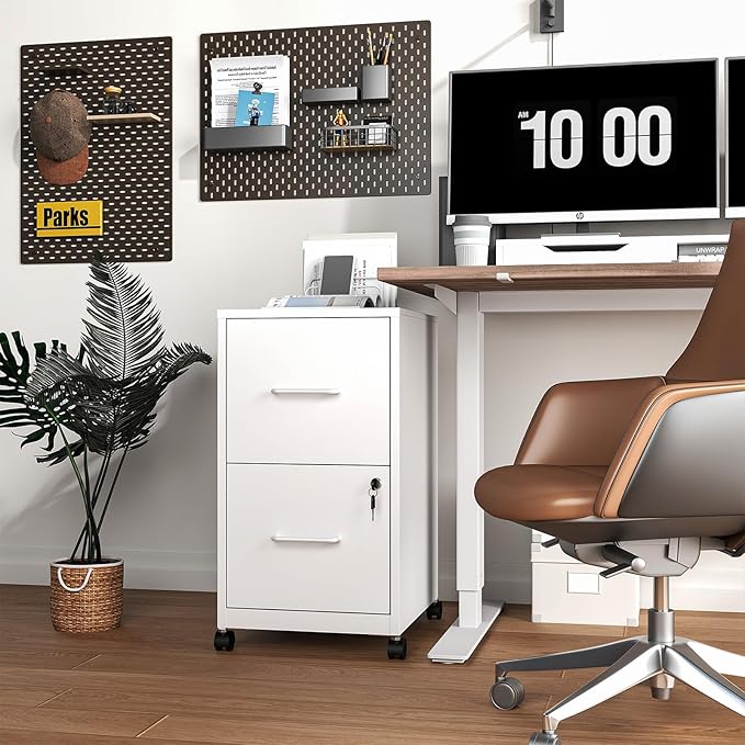 2 Drawer File Cabinet with Lock,Small Rolling Metal Office Storage Mobile Filing Cabinet Under Desk,Vertical Locking File Cabinets with Wheels for Home Office,Legal Required Assembly,White