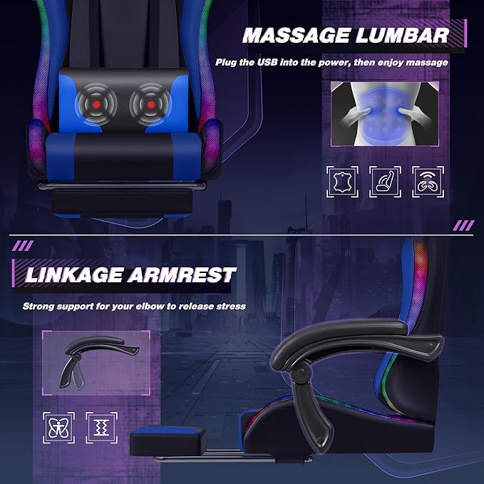 Homall Gaming Chair, Video Game Chair with Footrest and Massage Lumbar Support, Ergonomic Computer Chair Height Adjustable with Swivel Seat and Headrest (RGB Blue)