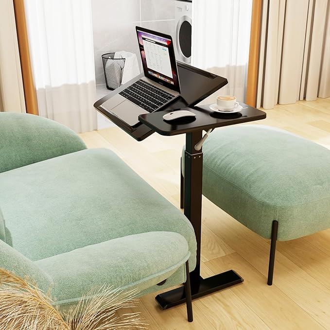 PUNCIA Height Adjustable Overbed Table with Pneumatic Lift and Wheels Split Top Tilting Tray and Rolling Laptop Desk – Bedside Cart for Reading Computer Work Study in Bedroom and Home Office