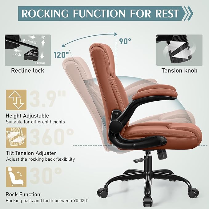 Leather Office Chair, PU Home Computer Desk Chairs with Ergonomic Back Support, 360°Swivel Free,Small Gaming Chair with Wheels and Adjustable Armrests, for Short People Use, Brown