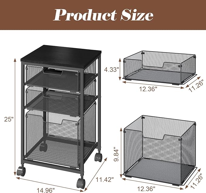 Rolling File Cart with 3 Drawers, Mobile Filing Cabinet for Home Office, Under Desk Storage Organizer with Wheels, Hanging Folder Holder Utility Cart Printer Stand, Black