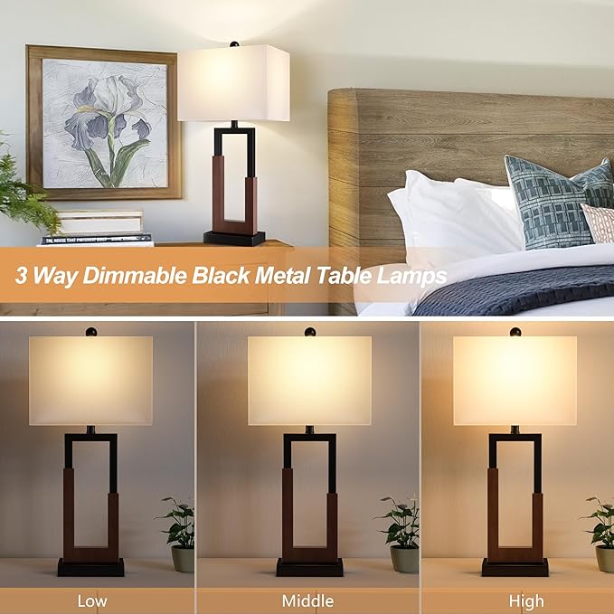 Maxax 30" Farmhouse Table Lamps Set of 2 for Living Room, Modern Black Bedside Lamps with USB & Type-C Port, 3-Way Dimmable Wood Bedroom Lamp with White Rectangular Lampshade for Nightstand