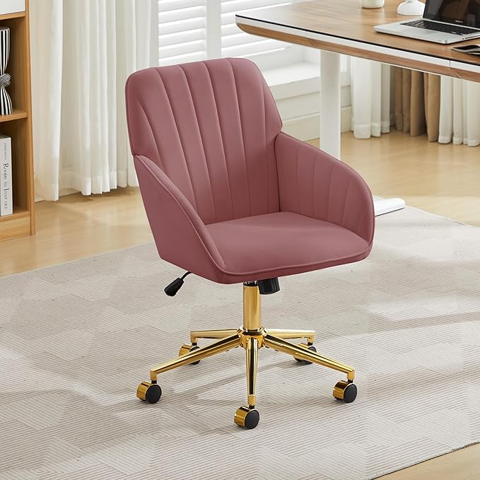 YISHENG Velvet Office Desk Chair with Gold Base, with Wheels,Modern Height Adjustable 360 Degree Swivel Upholstered Vanity Chairs with Arms for Living Room Bedroom,Rose