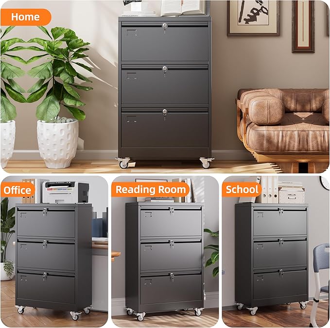 METAN Upgrade 3 Drawers Lateral File Cabinet on Wheels,Steel Office Filing Storage Cabinet with 3 Locks,Assembly Required,Black