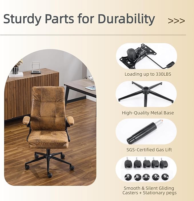 VINGLI Comfy Brown Leather Office Desk Chair,Ergonomic High-Back Computer Gaming Chair with Replaceable Wheels,Dual-Base,Adjustable Height&Armrests,360 Swivel Task Chair for Home Office,Vintage,Rustic