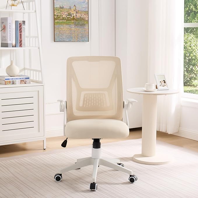 VECELO Mid-Back Swivel Ergonomic Office Chair with Adjustable Arms Mesh Lumbar Support for Computer Task Work, Beige