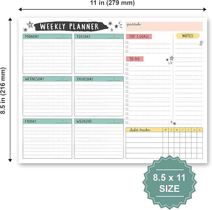 Weekly Planner Pad, 52 Letter Size Tear Off Sheets, 8.5” x 11” Undated Calendar Weekly Desk Planner Notepad, Daily Schedule Priorities To Do List for Week (Style 4)