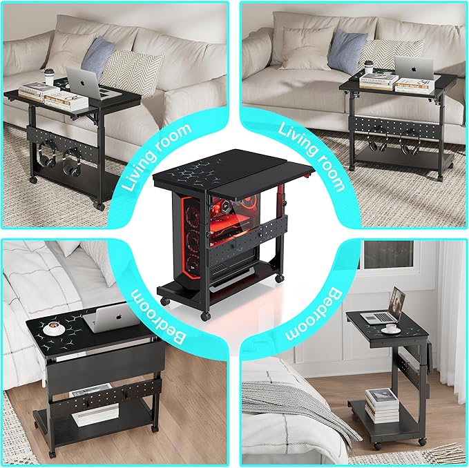 Height Adjustable Computer Tower Stand, 2-Tier PC Stand CPU Holder Under Desk Gaming Case Cart w/Rolling Wheels & Mouse Pad, Folding End Table Mobile Laptop Desk