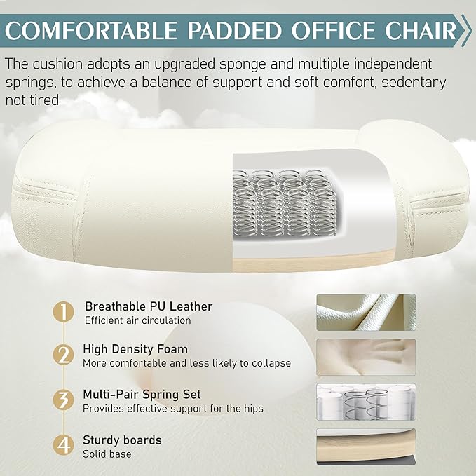 Leather Office Chair, PU Home Computer Desk Chairs with Ergonomic Back Support, 360° Swivel Free,Small Gmaing Chair with Wheels and Adjustable Armrests, for Short People Use, Cream