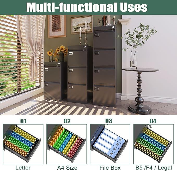Three Drawer File Cabinet with Lock, Metal Filing Cabinet for Home Office, 3 Drawer Locking Filing Cabinets, Black Vertical File Cabinets for Letter/Legal / A4 / F4 Size, Lockable Design