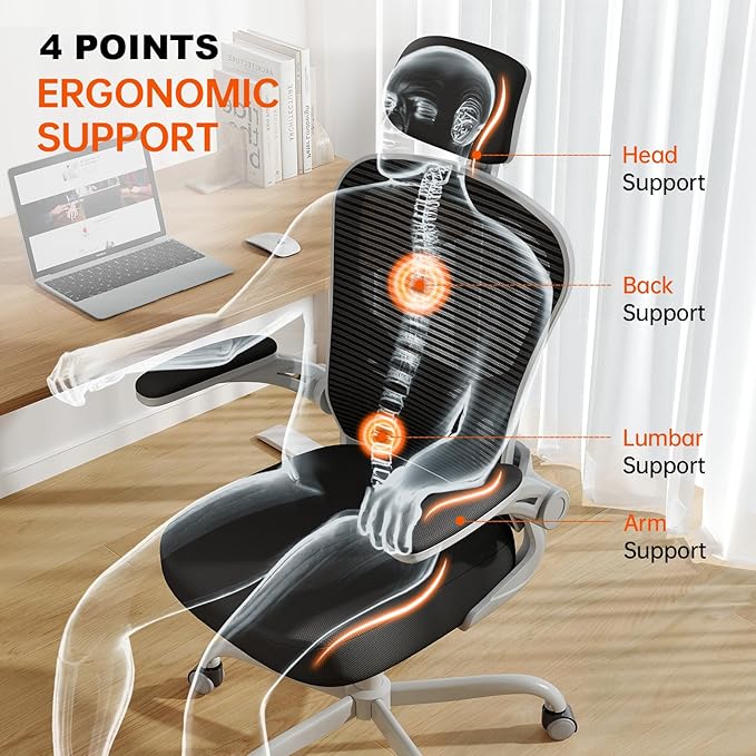 Office Chair Ergonomic Desk Chair, 330LBS Capacity, High Back Computer Chair for Long Hours Comfortable, Rolling Swivel Chair for Home Office, Flip-up Armrests(Grey Black)