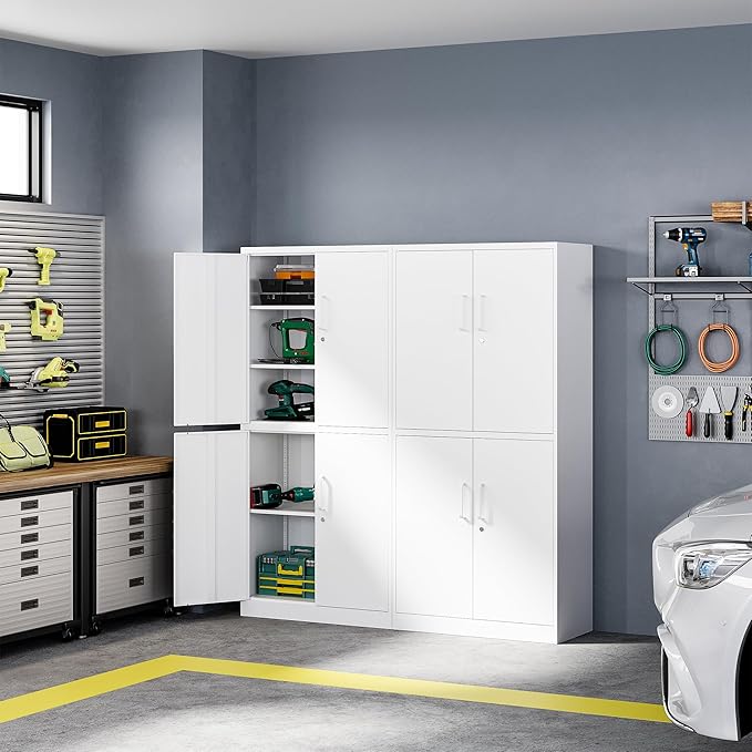Letaya Metal Storage Cabinet with Lock Door, Adjustable Shelf Steel Cabinets for Office, Home,Pantry,Kitchen,Garage Utility Cabinet (4 Door-White)