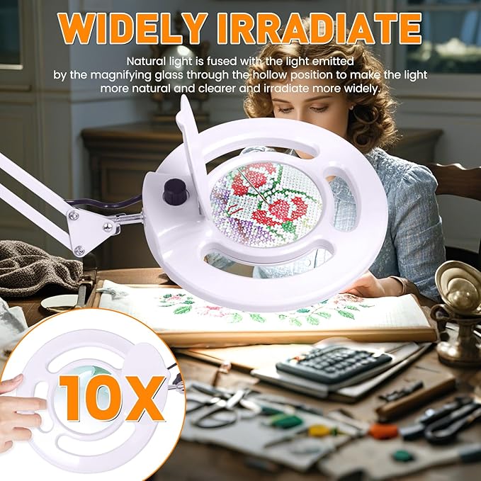 10X Magnifying Glass with Light and Stand, NUEYiO 2200 Lumens Stepless Dimming LED Magnifier Lamp, Adjustable Swing Long Arm Magnifying Light, Hands Free Craft Lamp for Projects Soldering Workbench