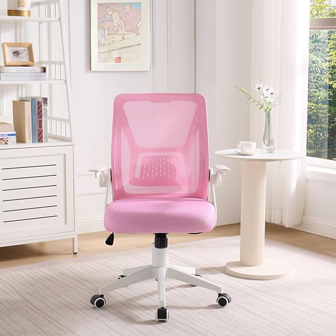 VECELO Mid-Back Swivel Ergonomic Office Chair with Adjustable Arms Mesh Lumbar Support for Computer Task Work, Pink