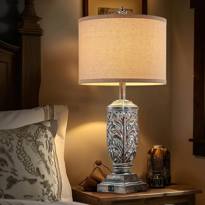 Set of 2 Farmhouse Table Lamps for Living Room, Rustic Vintage Bedside Nightstand Lamp with USB A+C, 28.5" Tall Bronze Leafwork Resin Lamps for Bedroom End Table, Rotary Switch