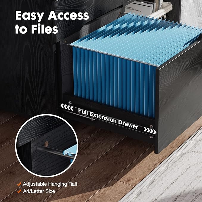 File Cabinet with 3 Drawers, Mobile Lateral Filing Cabinet with Open Storage Shelves for Home Office Under Desk Storage, Black