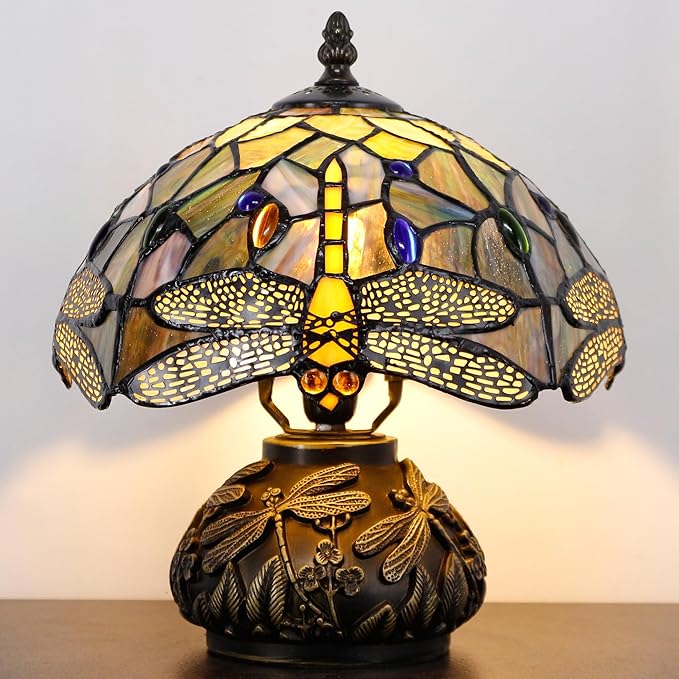 Small Tiffany Table Lamp Brown Dragonfly Style Stained Glass Desk Lamp 10X11.5 Inch Mushroom Table Light for Office Home Living Room Bedroom
