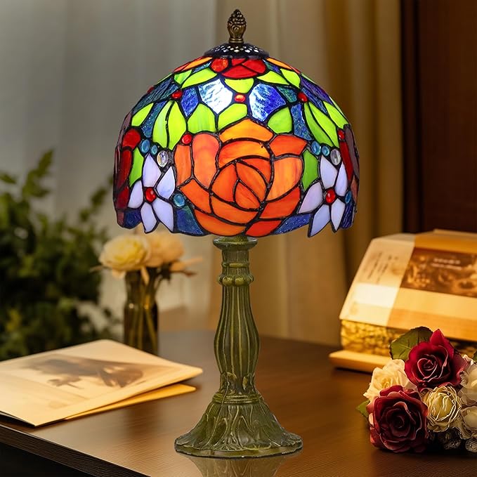 Tiffany Style Lamp Rose Flower Stained Glass Table Lamp red Rose 8X8X14 Inches Home Office Desk Lamp Lights Decorate Gift Include Light Bulb
