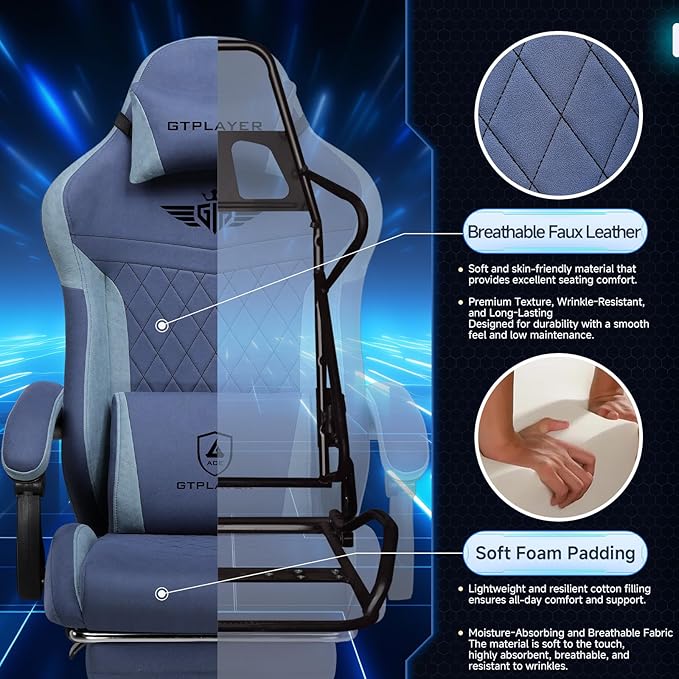 GTPLAYER Gaming Chair, Video Game Chairs with Footrest and Lumbar Support, Computer Chair for Adults with Extended Backrest, Ergonomic Reclining Silla Gamer, Fabric, Dark Blue