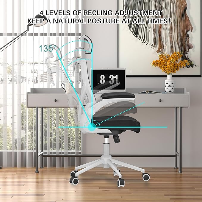 Ergonomic Office Chair with Adjustable Headrest & Lumbar Support - High Back Desk Chair with Flip-Up Arms, 360 Swivel Executive Computer Task Chair (Modern, Black-White Frame)