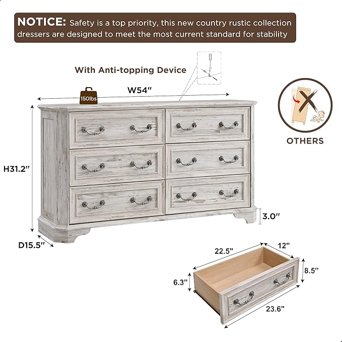 T4TREAM Farmhouse 6 Drawers Dresser for Bedroom, 54" Wide Wood Rustic Chest of Drawers with Natural Texture, Vintage Design, Storage Dressers Organizer for Bedroom, Living Room, Distressed White