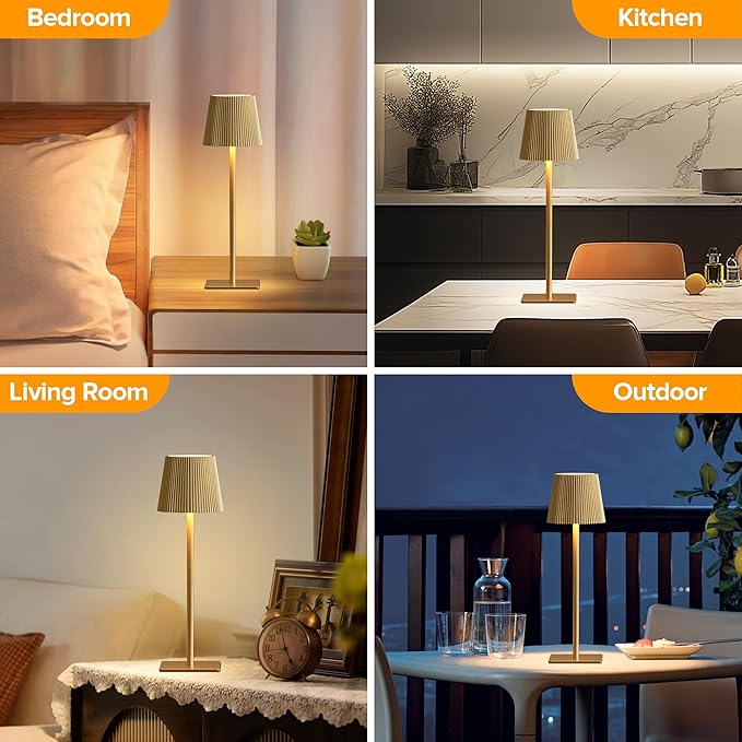 LUTEC 2 Pack Cordless Table Lamp,6000mAh Rechargeable Battery Operated Desk Lamp,Two Adjustable Heights,Waterproof, Touch Control & 3 Color Stepless Dimming for Restaurant/Bedroom/Bars/Outdoor (Gold)