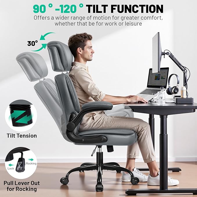 Office Chair, Ergonomic Desk Chair, Executive Leather Office Chairs with Lumbar Support, Adjustable Headrest & Armrests, Big and Tall Computer Chair, PC Chair with Rocking Function