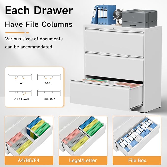 Bestoo 3-Drawer File Cabinet with Lock, Metal Filing Cabinet for Home Office, Lateral Filing Storage Cabinets, Fits File Folders, Letter/Legal/F4/A4 Size, Assembly Required (White)