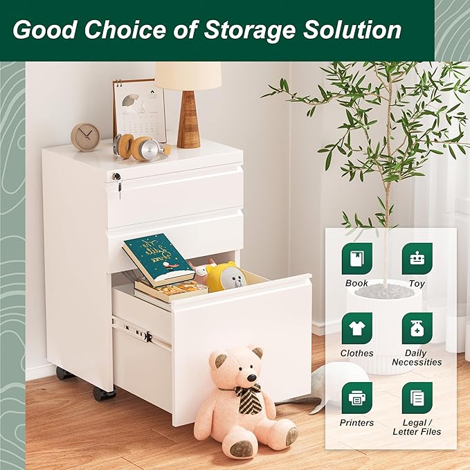 Superday File Cabinet 3 Drawer, Metal Rolling Vertical Filing Cabinet with Wheels, Small Under Desk File Cabinets for Home Office (White)