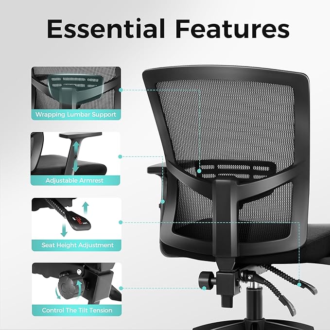 ALPHA HOME Office Chair Ergonomic, Mid Back Mesh Computer Chair with Lumbar Support Executive Stool with Adjustable Armrest & Seat Cushion, BIFMA & SGS Certified