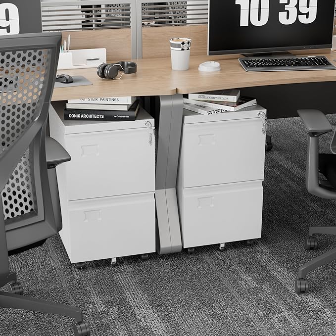2 Drawers Metal File Cabinet with Lock, Under Desk Mobile Filing Storage Cabinet with Business Card Slot for Letter/Legal/F4/A4 Size Folders,Required Assembly,14.57"W x 17.36"D x 25.79"H,White