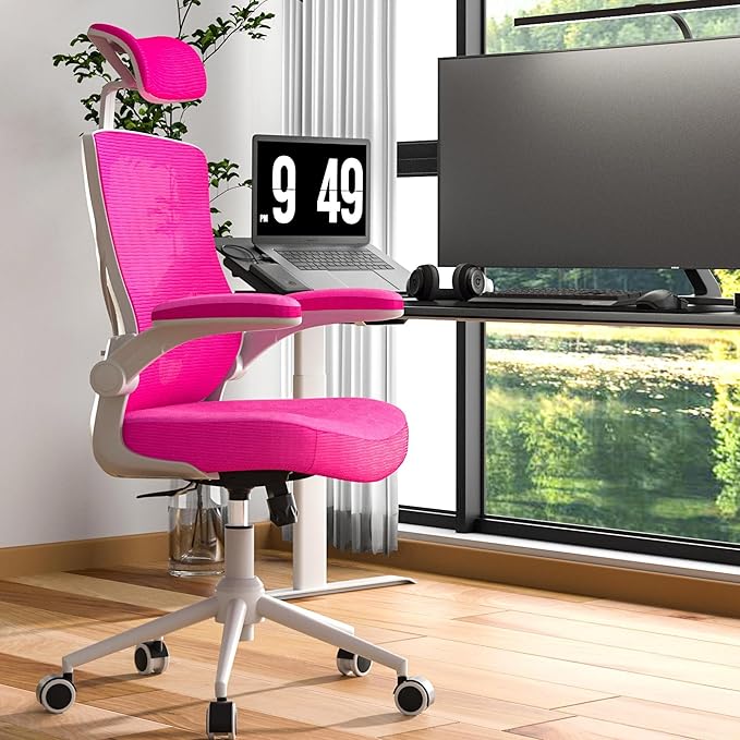 Ergonomic Office Chair with Adjustable Headrest & Lumbar Support - High Back Desk Chair with Flip-Up Arms, 360 Swivel Executive Computer Task Chair (Modern, Neon Pink)