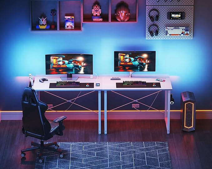 KKL Small Desk with Power Outlets and USB Port Computer Desk for Home Office Gaming Simple Modern Style Writing Desks with Storage Bag Headphone Hook, 32 inch, White