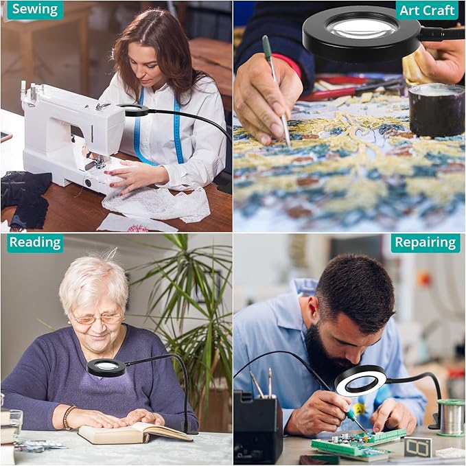 5X Magnifying Glass Desk Lamp with Clamp, 10 Brightness Levels, 3 Color Modes, 5V/2A Adapter Included – Clip Light for Reading, Crafting, Painting, Close Work (Black)